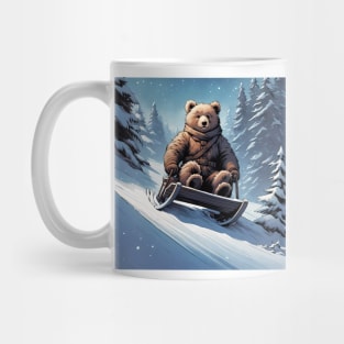 Teddy on a sledge riding down a hill in the snow Mug